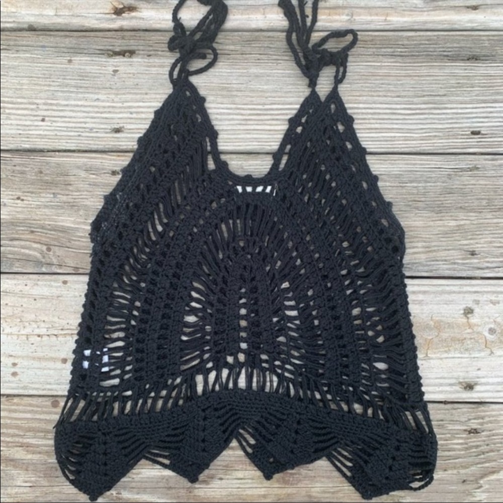 Crochet Festival Top Black Small Shoulder Ties
